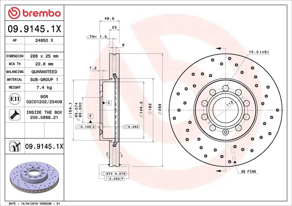 Brembo Drilled Brake Disc 0991451X (Front)