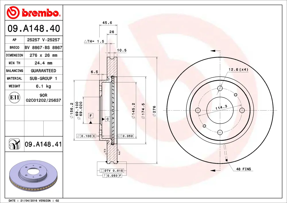 Brembo Brake Disc 09A14841 (Front)