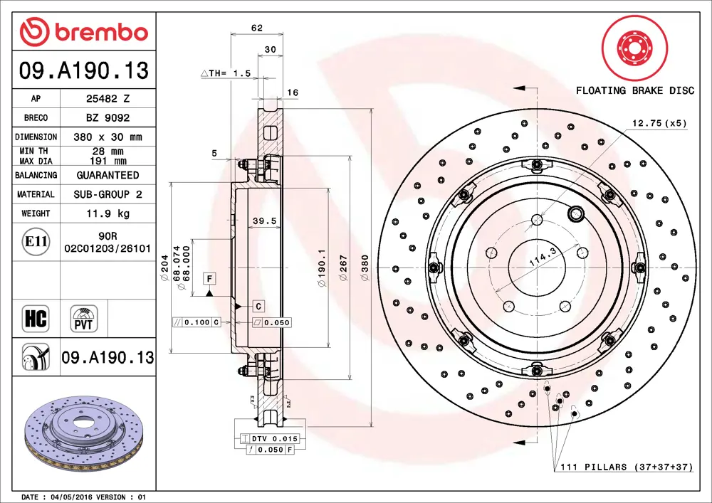 Brembo Brake Disc 09A19013 (Rear)
