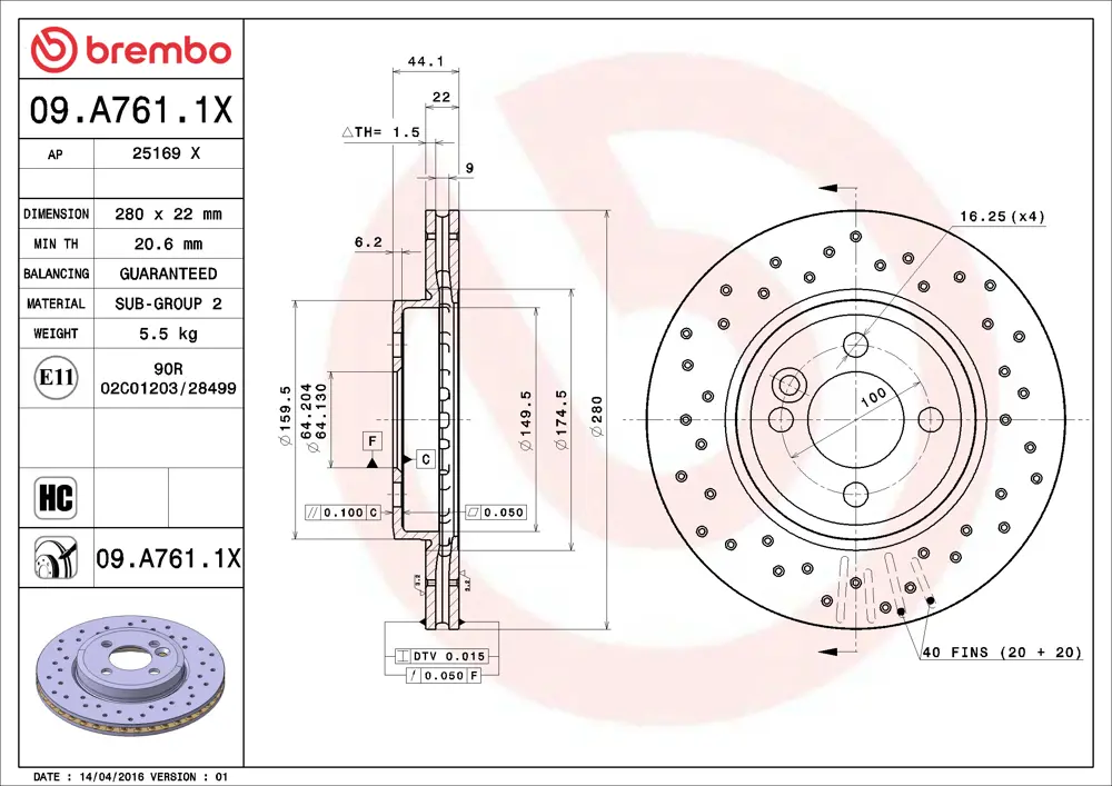 Brembo Drilled Brake Disc 09A7611X (Front)