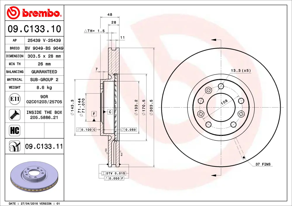 Brembo Brake Disc 09C13311 (Front)