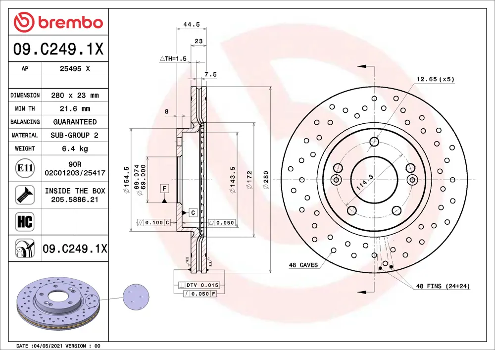 Brembo Drilled Brake Disc 09C2491X (Front)