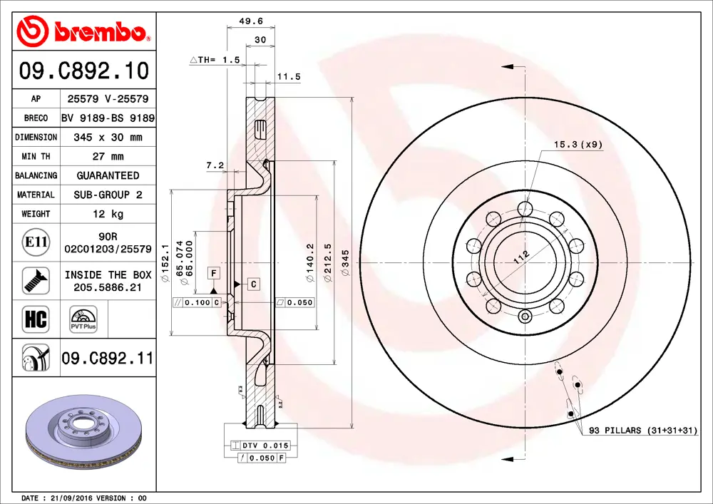 Brembo Brake Disc 09C89211 (Front)