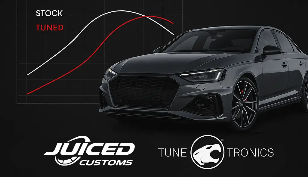 Stock versus tuned power curve with a performance car, Juiced Customs and Tuneotronics logos
